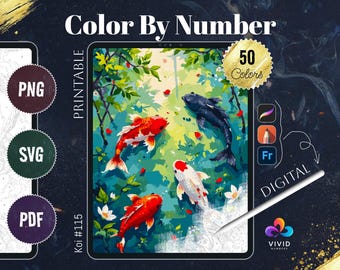 Koi Fish Coloring by Number Paint by Numbers Digital Coloring Pages Procreate Coloring Color by Number Fantasy Coloring Digital Coloring