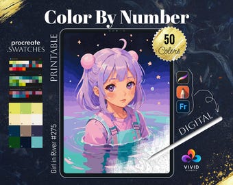 May include: Digital color by number printable featuring a girl with purple hair in a river with a starry night sky. The image is on a tablet screen with a stylus and the text "Girl in River #275", "50 Colors", "PRINTABLE", "DIGITAL", "procreate .SWATCHES", and "VIVID NUMBERS".