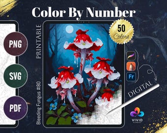 Bleeding Fungus Flower Coloring by Number Printable Paint by Numbers Digital Coloring Pages Procreate Coloring Art Therapy Floral Coloring