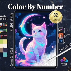 May include: Digital colour by number illustration of a white cat with pink and blue accents sitting under a crescent moon. The image is on a tablet screen with a stylus nearby. The text "Cosmo Cat #221" and "32 Colours" are visible.