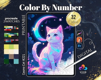 May include: Digital color by number illustration of a white cat with pink and blue accents sitting under a crescent moon. The image is on a tablet screen with a stylus nearby. The text "Cosmo Cat #221" and "32 Colors" are visible.