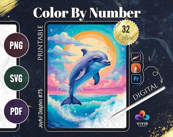 May include: Color by number digital download featuring a joyful dolphin jumping out of the water with a sunset background. The image is labeled "Joyful Dolphin #75" and "32 Colors".