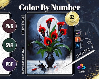 Black Lilies Coloring by Number for Adults Printable Paint by Numbers Digital Coloring Pages Procreate Coloring Art Therapy Flowers Coloring