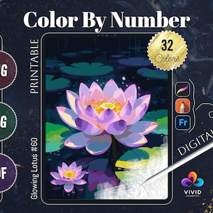 Glowing Lotus Paint by Numbers Color by Number Printable Digital Coloring Pages Procreate Coloring Therapy Flowers Coloring Pages Digital