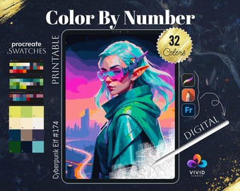 Cyberpunk Elf Coloring by Number Paint by Numbers Digital Coloring Pages Procreate Coloring Color by Number Fantasy Coloring iPad Coloring