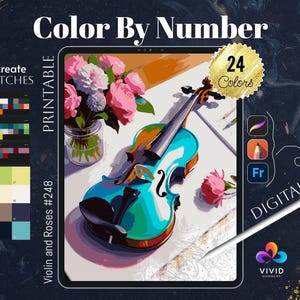 Violin and Roses Color by Number Paint by Numbers Digital Coloring Pages Procreate Coloring Art Therapy Flowers Coloring Floral Coloring
