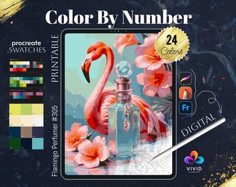 May include: Digital color-by-number art featuring a pink flamingo, a perfume bottle, and flowers. The image includes the text "Color By Number," "Flamingo Perfumer #305," and "24 Colors." The image also includes a digital stylus and color swatches.