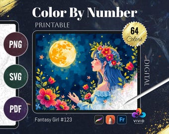 Può includere: Download digitale per colorare per numeri con una ragazza fantasy con una corona di fiori sotto una luna piena. L'immagine è in uno schema di colori blu, viola e rosa. Il testo "Fantasy Girl #123" è in fondo all'immagine.