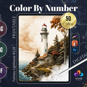 May include: Digital color-by-number printable featuring a lighthouse scene with 50 colors. The image includes a white lighthouse with a red top, a small house, trees, and a rocky coastline. The text "Color By Number" and "Fantasy Lighthouse #119" are visible.
