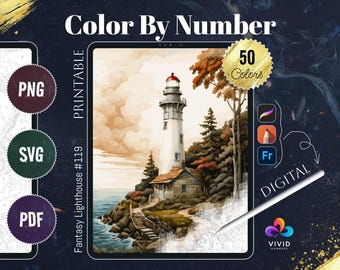 Fantasy Lighthouse Coloring Pages Paint by Numbers Coloring by Number Digital Coloring Pages Procreate Coloring Color by Number Digital