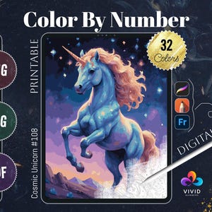 Cosmic Unicorn Color by Numbers Printable Paint by Numbers Digital Coloring Pages Procreate Coloring Color by Number Animal Coloring Pages