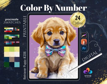Retriever Puppy Color by Numbers for Adults Printable Paint by Numbers Digital Coloring Pages Procreate Color by Number Animal Coloring Page