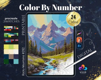 ロッキー山脈の風景 数字で色を塗る 数字で塗る デジタルぬり絵ページ プロクリエイトぬり絵 ファンタジーぬり絵ページ シンプルなぬり絵