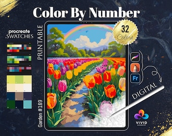 Könnte beinhalten: Digitales Malen nach Zahlen zum Ausdrucken mit einem Feld voller Tulpen und einem Regenbogen im Hintergrund. Das Bild ist mit "Garden #169" und "32 Farben" beschriftet.