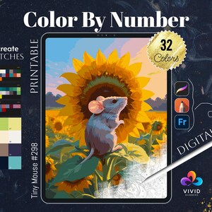 May include: Printable colour by number art featuring a cute grey mouse sitting in a field of sunflowers. The image is labelled "Tiny Mouse #298" and includes 32 colours.