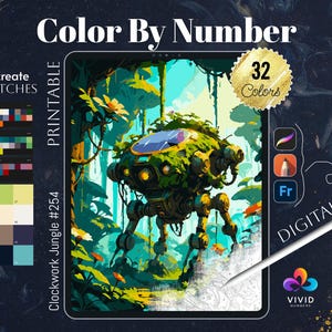 May include: Color by number digital art printable featuring a green robot in a jungle setting. The image is titled "Clockwork Jungle #254" and includes 32 colors.