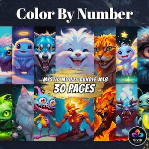 Mystic Moods Bundle The Adorable Color by Numbers | Cute Fantasy Creatures, Monster Cats, Digital Coloring Pages, Procreate Color by Number