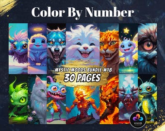 Puede incluir: Una impresión de arte digital titulada "Color By Number" que presenta una colección de criaturas fantásticas coloridas. La imagen incluye el texto "Mystic Moods Bundle #18" y "30 Pages". La obra de arte muestra varios monstruos y seres míticos.