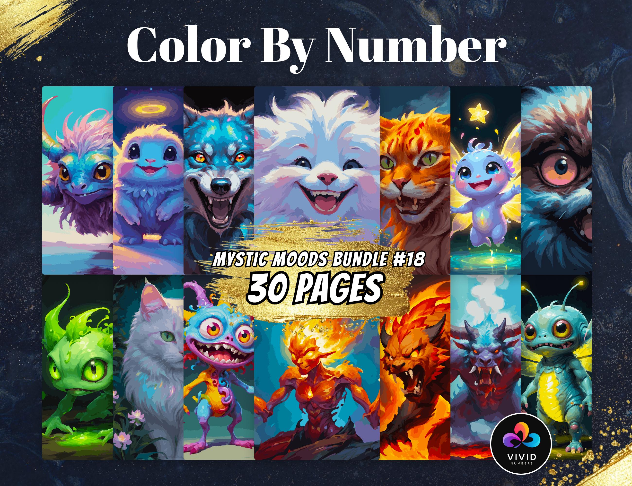 Mystic Moods Pacote Adorável de Pintar por Números | Criaturas Fantásticas e Gatos Monstro Páginas de Colorir Digitais (PDF/PNG/SVG, Procreate)