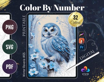 May include: Color by number digital download featuring a snowy owl with blue and white feathers perched on a branch with blue flowers. The image is labeled "Winter Reverie #65" and includes 32 colors.