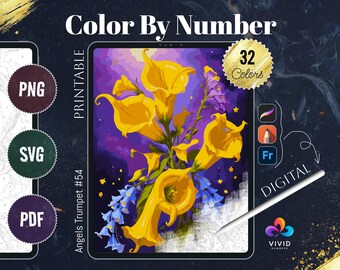 Angels Trumpet Coloring by Number Printable Paint by Numbers Digital Coloring Pages Procreate Coloring Therapy Floral Coloring Pages