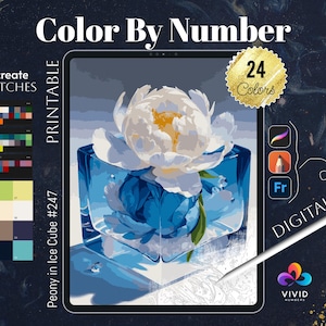 May include: A digital art printable of a white peony flower in a blue ice cube. The image is on a tablet screen with a stylus and a digital art app icon. The image has 24 colours and is titled "Peony in Ice Cube #247".