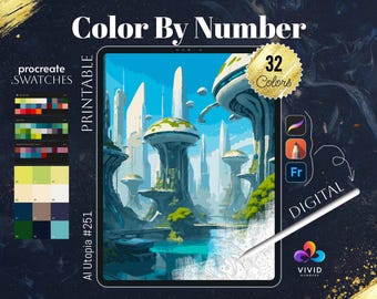 Può includere: Un'illustrazione digitale di una città futuristica con un fiume che la attraversa. L'immagine è un disegno da colorare per numeri con 32 colori. L'immagine è etichettata "Al Utopia #251" ed è stampabile. L'immagine è anche adatta per la colorazione digitale utilizzando app come Procreate e Photoshop.