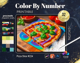 May include: Color by number printable digital art of a pizza slice with a rainbow background. The image includes 32 colors and is labeled "Pizza Slice #224".