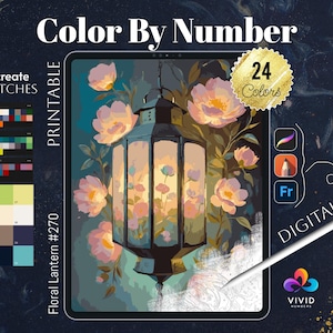 Può includere: Un'arte digitale stampabile da colorare per numeri, con una lanterna floreale con fiori rosa e una luce incandescente all'interno. L'immagine è sullo schermo di un tablet con uno stilo e il testo "Floral Lantern #270" e "24 Colors".