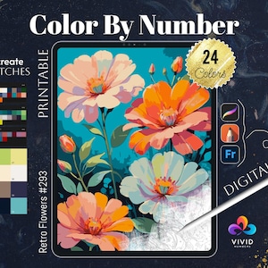 Retro Flowers Color by Numbers for Adults Printable Paint by Numbers Digital Coloring Pages Procreate Coloring iPad Flowers Coloring Page