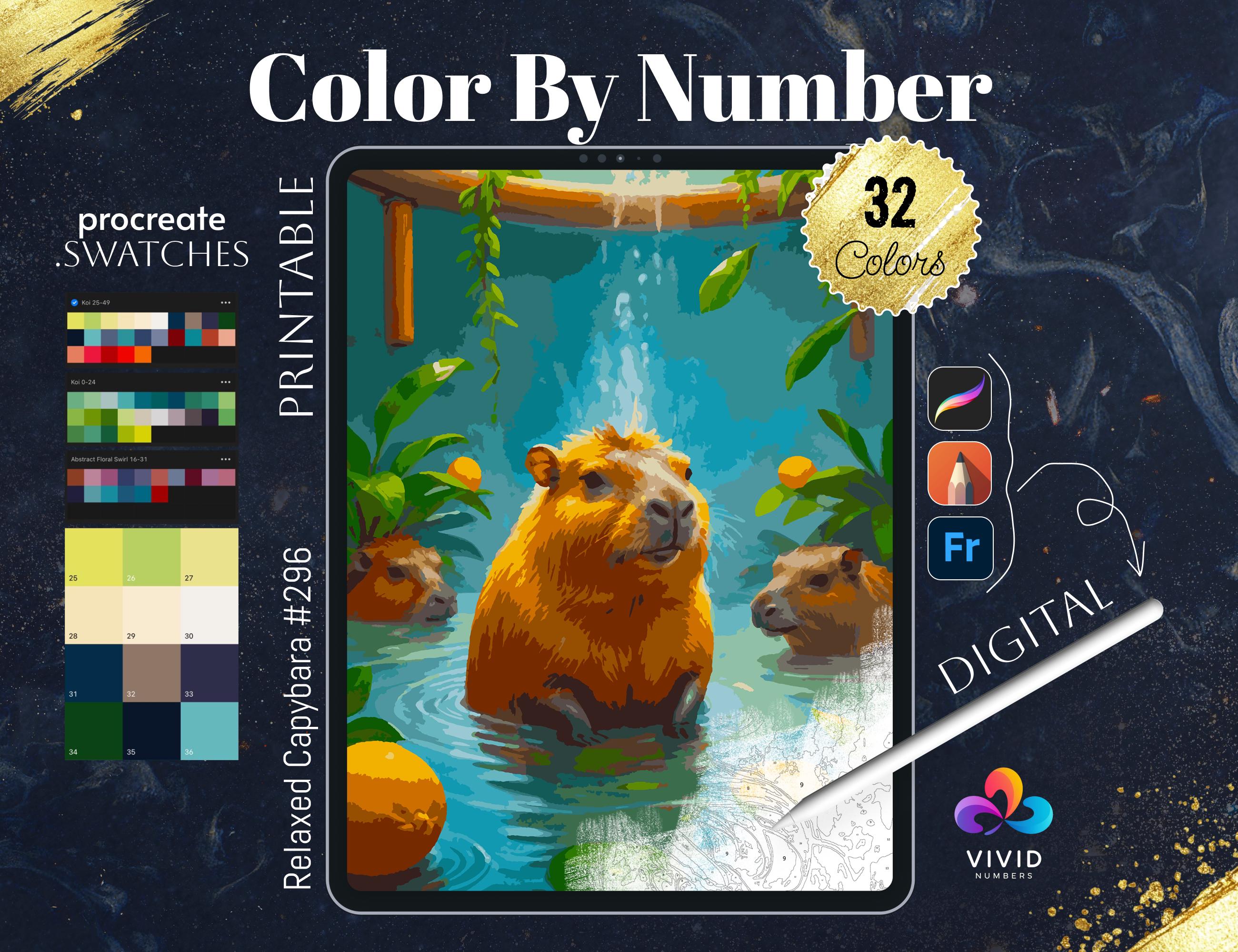 Relaxed Capybara Color by Numbers Paint by Numbers Digital Coloring Pages Procreate Coloring Color by Number Cute Animal Coloring Pages