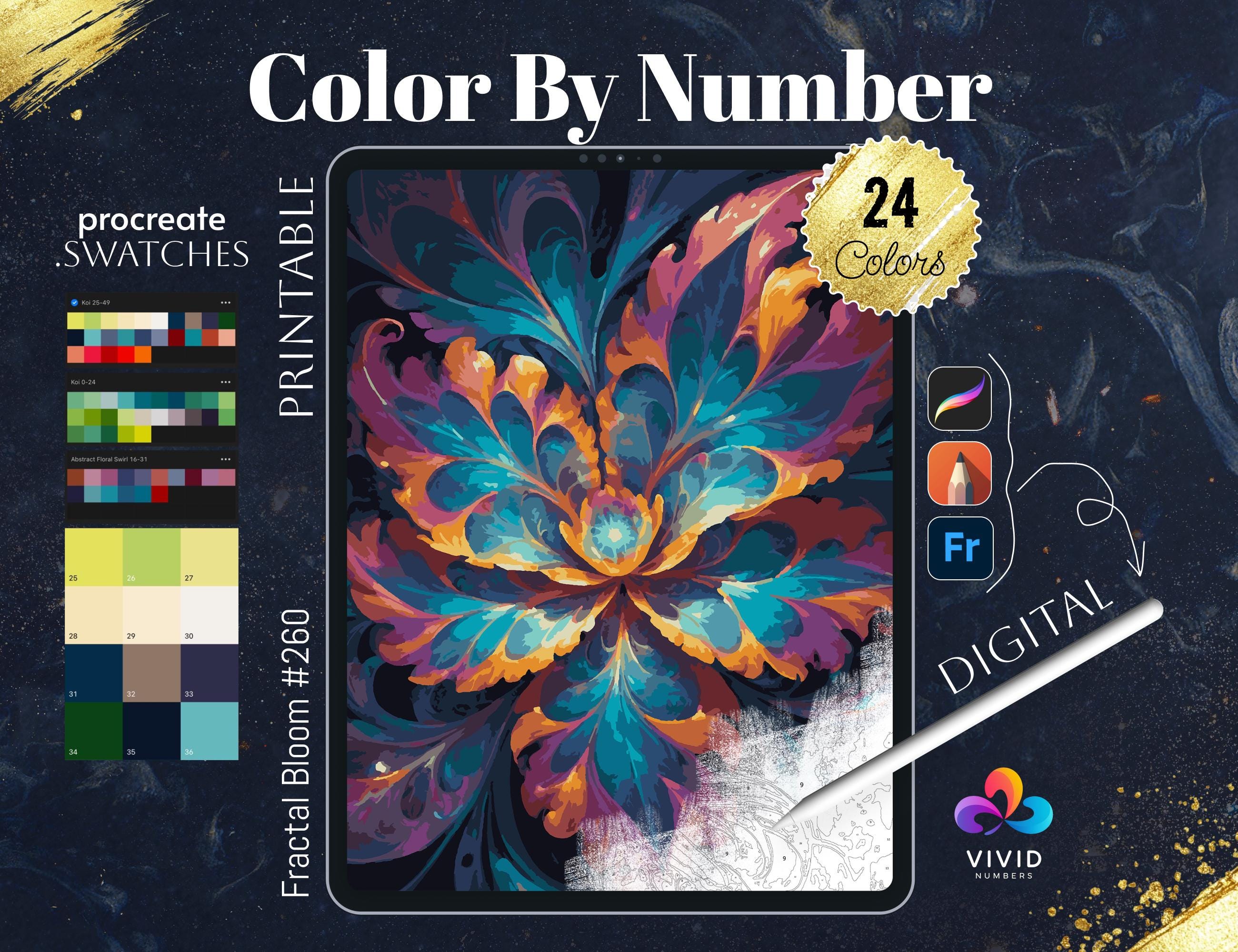 Fractal Bloom Colorea por números – Páginas de colorear digitales para Procreate, PDF, SVG, PNG