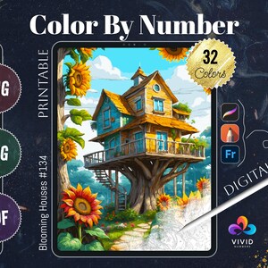 Blooming Houses Coloring Procreate Coloring Paint by Numbers Coloring by Number Digital Coloring Pages Color by Number Fantasy Coloring Page