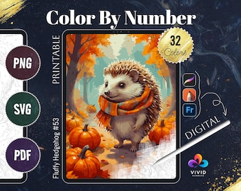 May include: Color by number digital download featuring a cute hedgehog wearing a scarf in a fall forest setting with pumpkins. The image is titled "Fluffy Hedgehog #53" and includes 32 colors.
