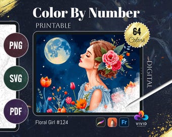 Floral Girl Coloring by Number Paint by Numbers Digital Coloring Pages Procreate Coloring Color by Number Fantasy Coloring Digital Coloring
