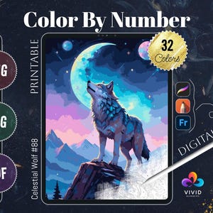 Op de afbeelding: Digitale download kleurplaat met nummers met een wolf die huilt naar de maan met een sterrenhemel en bergen op de achtergrond. De afbeelding is gelabeld "Celestial Wolf #88" en "32 Kleuren".