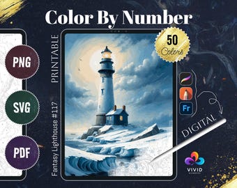 Fantasy Lighthouse Coloring by Number Paint by Numbers Digital Coloring Pages Procreate Coloring Color by Number Fantasy Coloring Pages