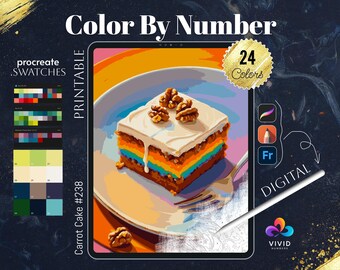 May include: Color by number digital art printable of a carrot cake with rainbow frosting and walnuts on a white plate. The image includes a procreate color palette and the text "Carrot Cake #238", "PRINTABLE", "24 Colors", "DIGITAL", and "VIVID NUMBERS".