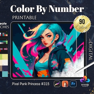 Peut inclure: Impression d'art numérique intitulée "Color By Number", présentant une illustration vibrante d'une femme aux cheveux bleus et roses. L'image comprend le texte "Pixel Punk Princess #315" et "90 Colors". Des échantillons Procreate sont également affichés.
