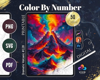 Può includere: Stampa digitale di arte da colorare per numeri di un paesaggio vulcanico drammatico con uno schema di colori arancione, rosso, giallo e blu fiammeggiante. La stampa è intitolata "Volcanico Drammatico #128" e include 50 colori.