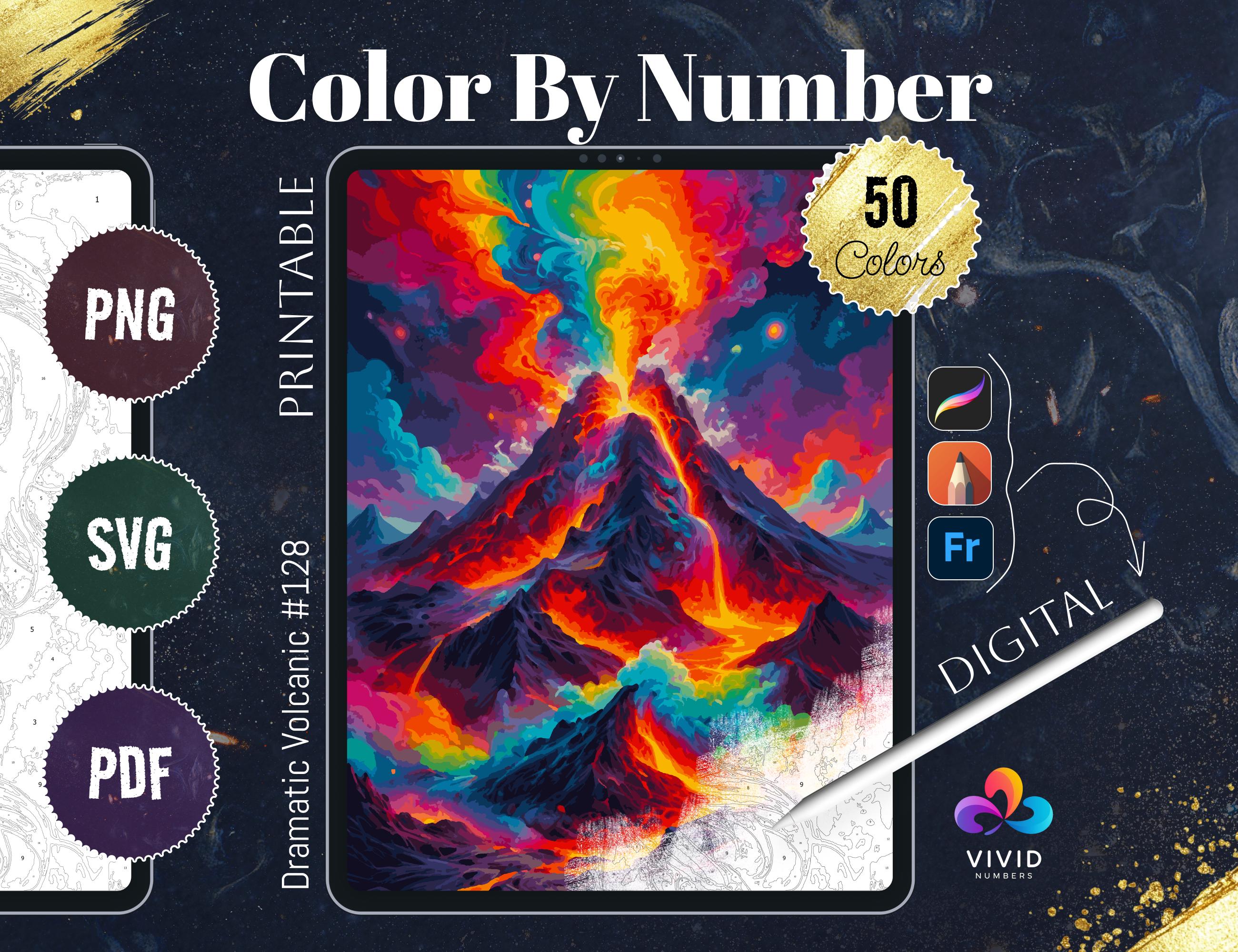Dramáticos volcanes para colorear por números | Páginas de pintura por números fantásticas en formato digital para Procreate, PDF, SVG, PNG