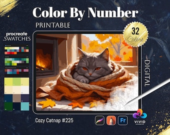 May include: Digital color-by-number printable featuring a gray cat wrapped in an orange blanket, with a cozy fireplace scene in the background. The image includes the text "Color By Number PRINTABLE" and "32 Colors". The title is "Cozy Catnap #225".