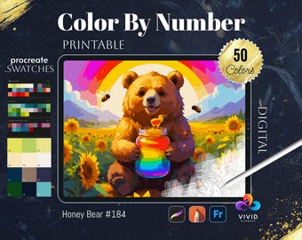 May include: Color by number digital printable featuring a cartoon honey bear holding a jar of honey. The image has a rainbow, sunflowers, and a green field. The title "Honey Bear #184" is at the bottom of the image. The image is labeled "50 Colors" and "Digital".