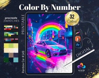 Rainbow Car Coloring Procreate Coloring Paint by Numbers Coloring by Number Digital Coloring Pages Color by Number Fantasy Coloring Page