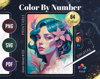 Grüne Haare Farbe nach Zahlen Malen nach Zahlen Digitale Malseiten Malen nach Zahlen Procreate Färbung Frauen Malseiten Digitale Downloads