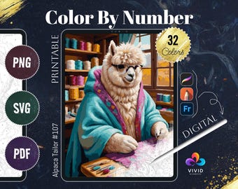 Alpaga Tailor Color by Numbers - Coloriages imprimables Paint by Numbers - Coloriages numériques Procreate Color by Numbers - Coloriages d'animaux par numéros