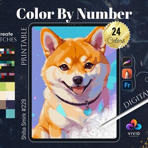 May include: Digital art printable of a Shiba Inu dog with a playful smirk, ready for colouring by numbers. The image includes 24 colours and is labelled "Shiba Smirk #229".