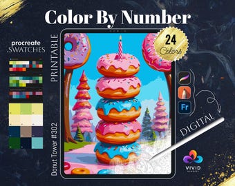 Donut Tower Coloring by Number Paint by Numbers Digital Coloring Pages Procreate Coloring Color by Number Food Colouring Pages For iPad