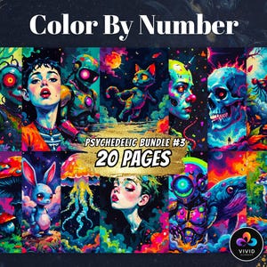 Pode incluir: Colorir por números: Pacote psicodélico nº 3, um conjunto de 20 páginas para colorir com ilustrações psicodélicas vibrantes. As páginas incluem uma variedade de temas, como um robô, um gato, uma caveira e um cogumelo.