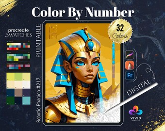 Robotic Pharaoh Coloring by Number Paint by Numbers Digital Coloring Pages Procreate Coloring Color by Number Sci-fi Coloring Pages iPad